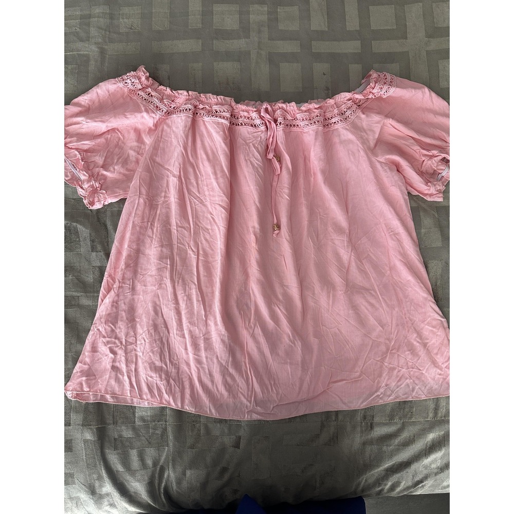 Shein Curve Peasant Shirt Womens 4XL Pink Off Shoulder Lace Trim‎ Short Sleeve